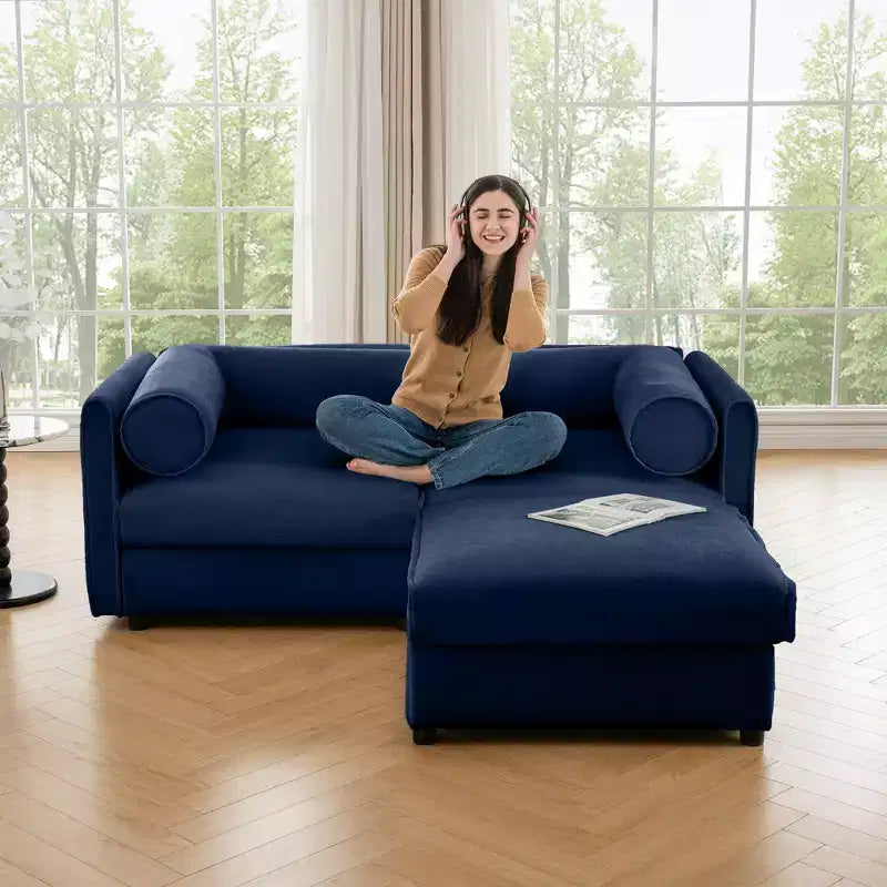 Stylish White Chenille 2-Seater Sofa with Ottoman Storage Seat, Cylindrical Backrest and Armrests