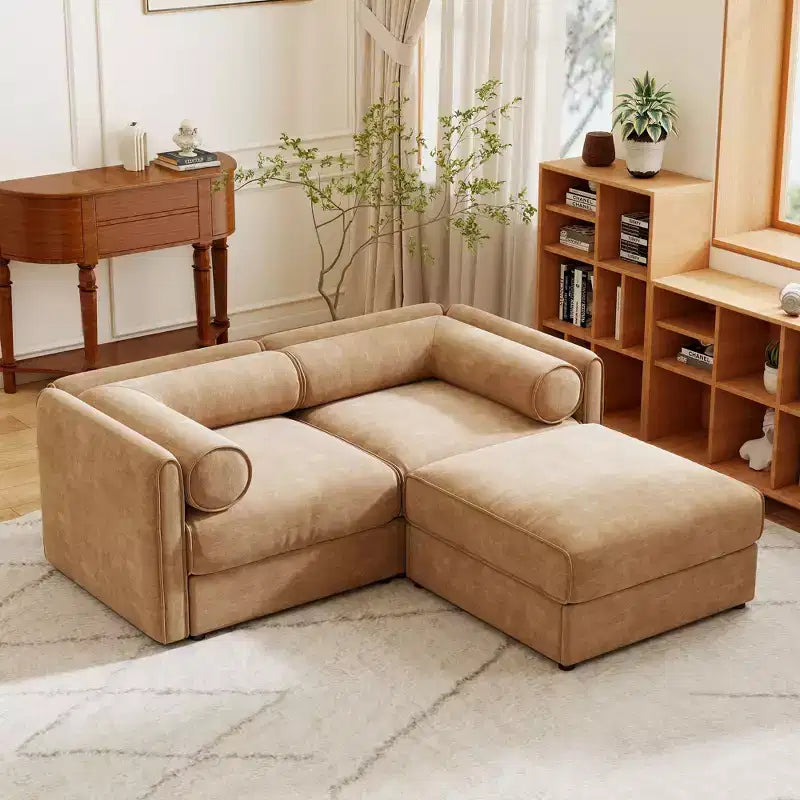 Stylish White Chenille 2-Seater Sofa with Ottoman Storage Seat, Cylindrical Backrest and Armrests