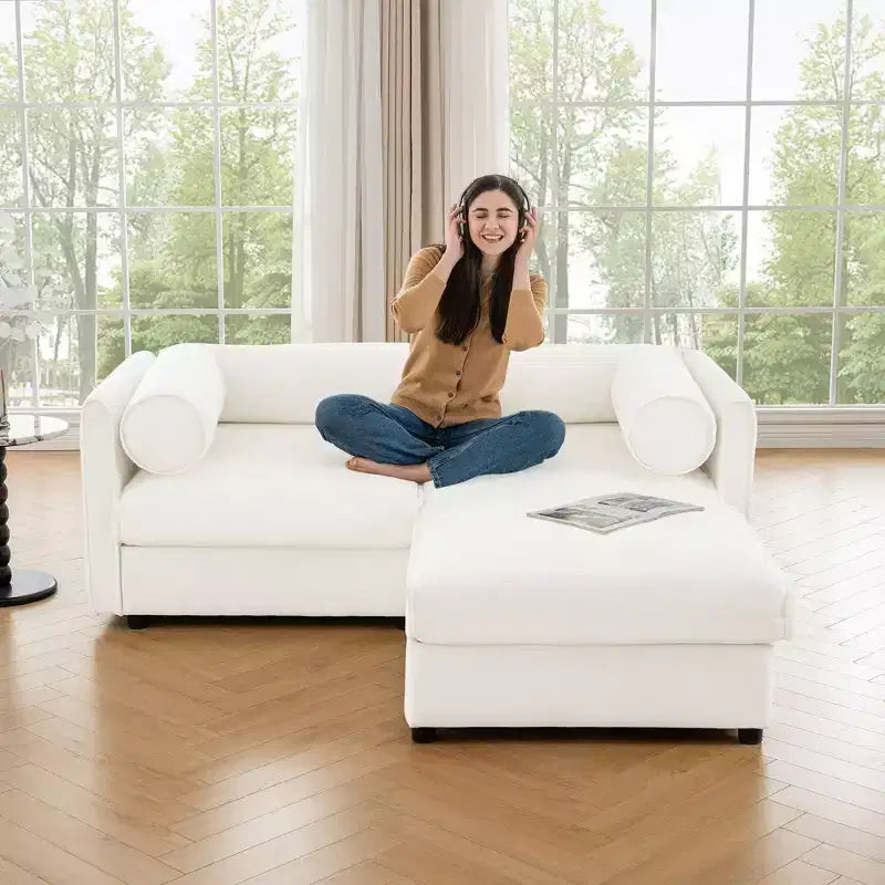Stylish White Chenille 2-Seater Sofa with Ottoman Storage Seat, Cylindrical Backrest and Armrests
