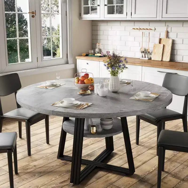 Round Dining Table for 4-6,42Farmhouse Kitchen Table with Storage,Circle Dinner Tables for Kitchen, Dining Room, Living Room, Meeting Room, Apartment