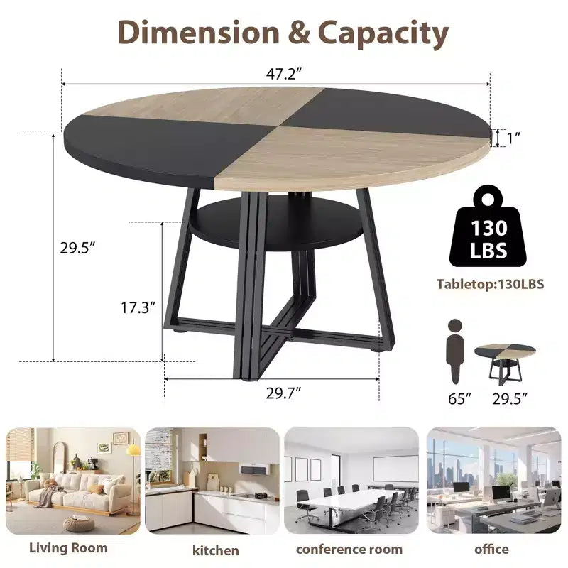 Round Dining Table for 4-6,42Farmhouse Kitchen Table with Storage,Circle Dinner Tables for Kitchen, Dining Room, Living Room, Meeting Room, Apartment
