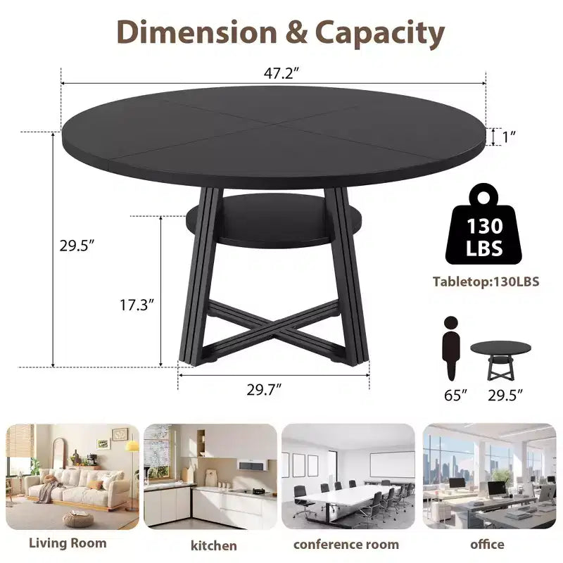 Round Dining Table for 4-6,42Farmhouse Kitchen Table with Storage,Circle Dinner Tables for Kitchen, Dining Room, Living Room, Meeting Room, Apartment