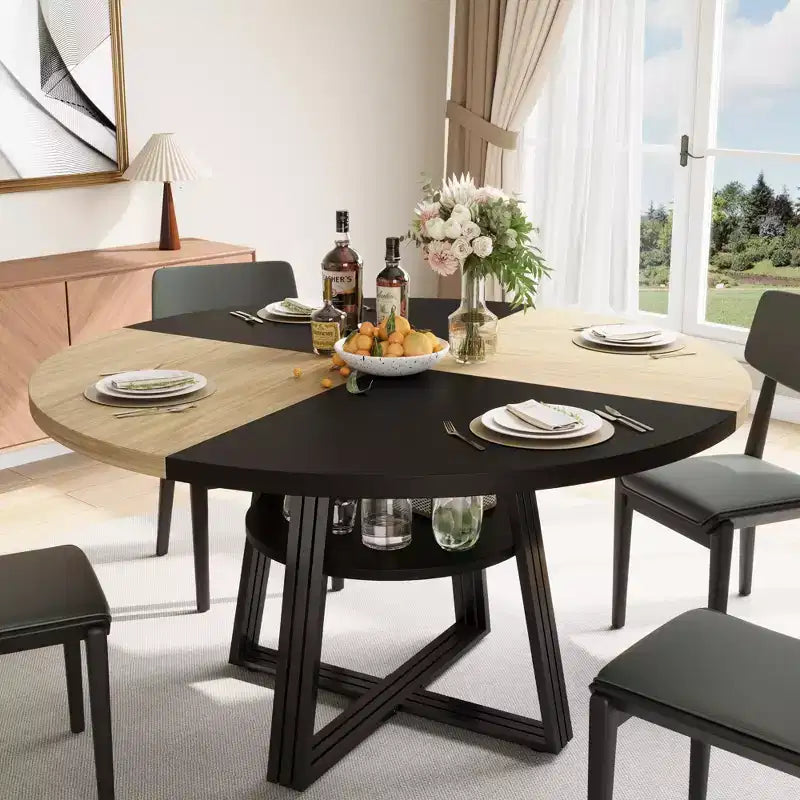 Round Dining Table for 4-6,42Farmhouse Kitchen Table with Storage,Circle Dinner Tables for Kitchen, Dining Room, Living Room, Meeting Room, Apartment