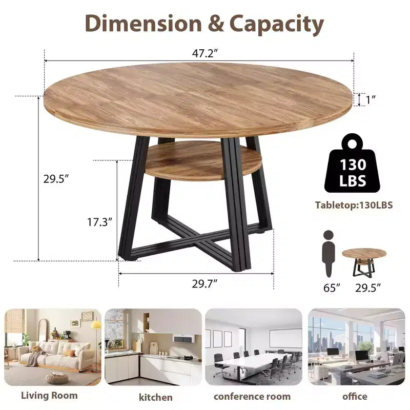 Round Dining Table for 4-6,42Farmhouse Kitchen Table with Storage,Circle Dinner Tables for Kitchen, Dining Room, Living Room, Meeting Room, Apartment