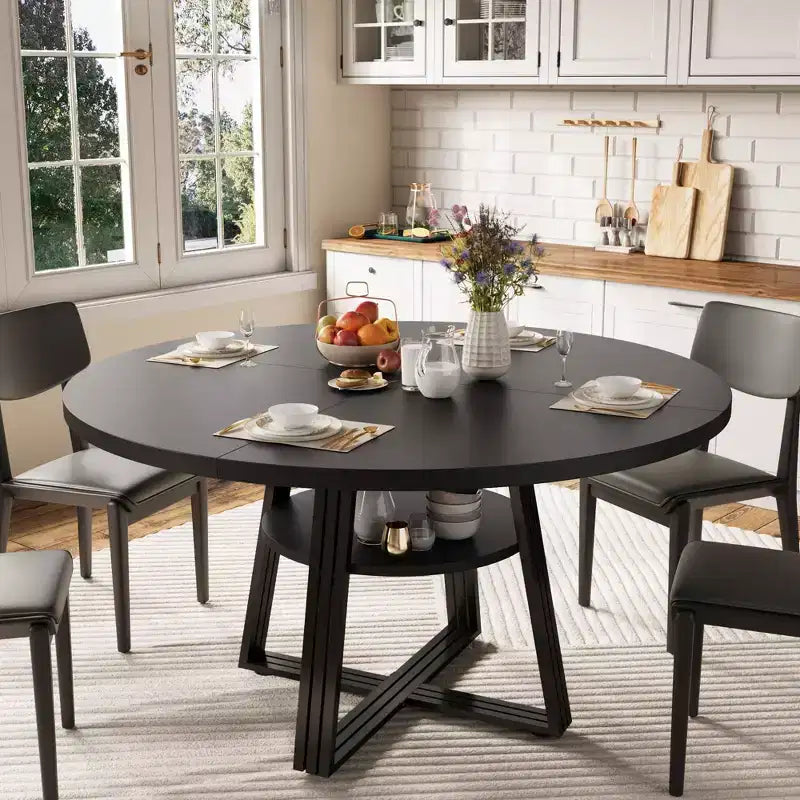 Round Dining Table for 4-6,42Farmhouse Kitchen Table with Storage,Circle Dinner Tables for Kitchen, Dining Room, Living Room, Meeting Room, Apartment