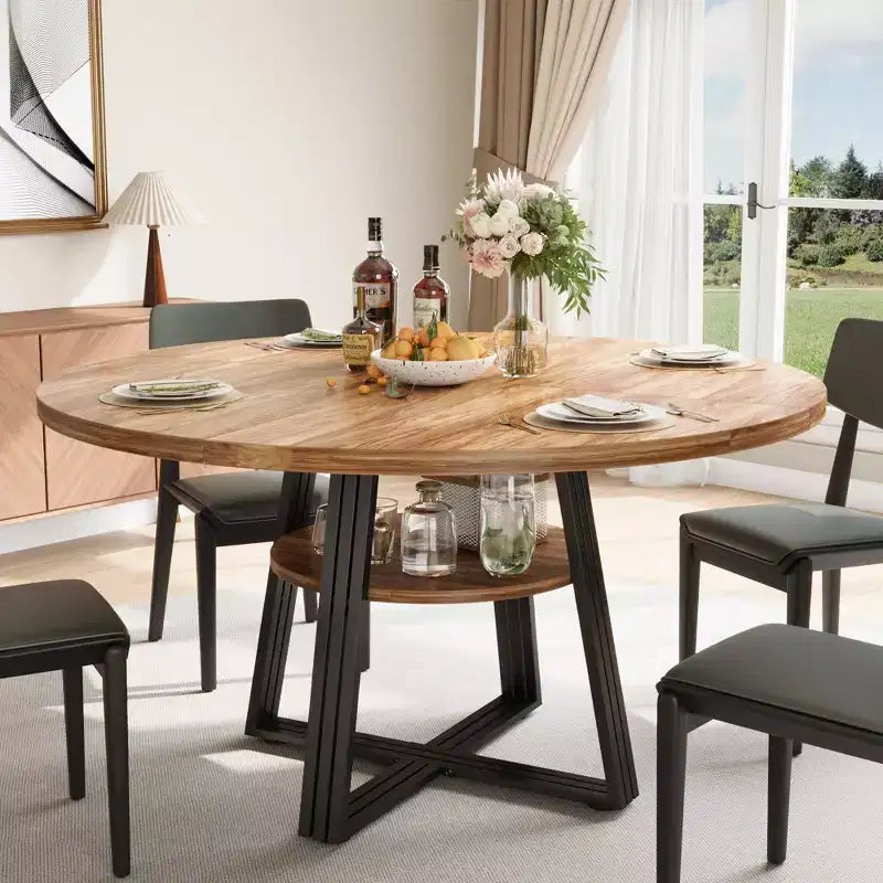 Round Dining Table for 4-6,42Farmhouse Kitchen Table with Storage,Circle Dinner Tables for Kitchen, Dining Room, Living Room, Meeting Room, Apartment