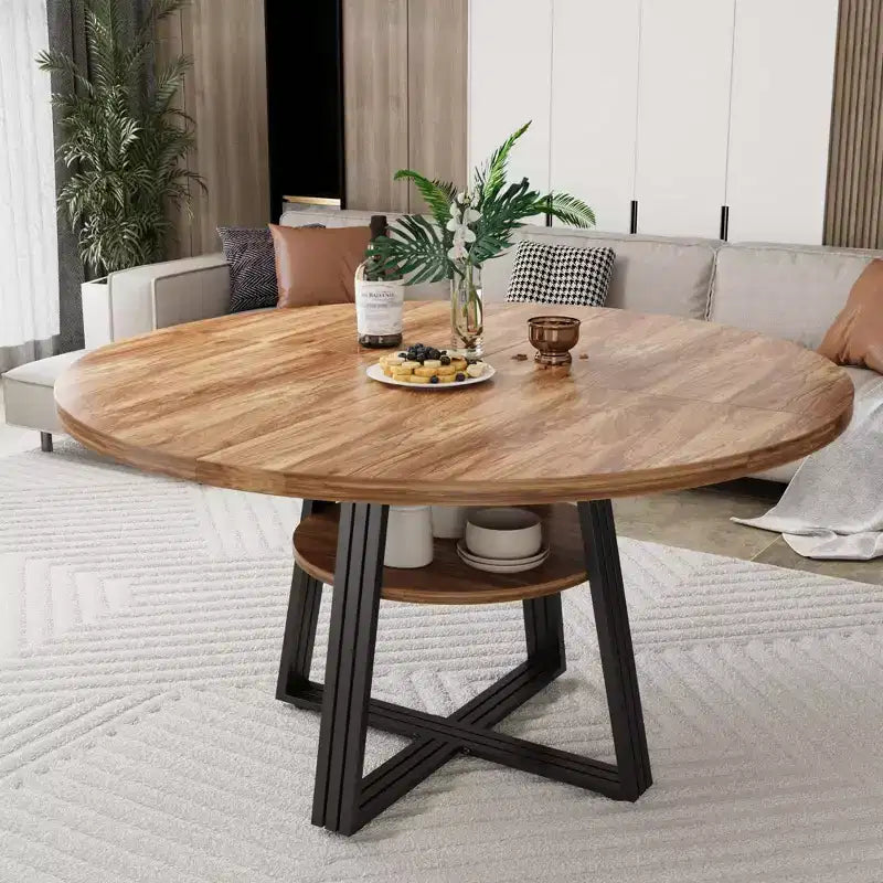Round Dining Table for 4-6,42Farmhouse Kitchen Table with Storage,Circle Dinner Tables for Kitchen, Dining Room, Living Room, Meeting Room, Apartment