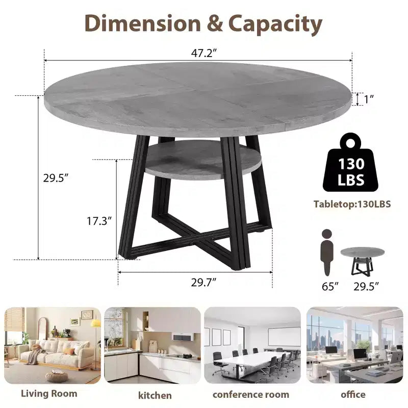 Round Dining Table for 4-6,42Farmhouse Kitchen Table with Storage,Circle Dinner Tables for Kitchen, Dining Room, Living Room, Meeting Room, Apartment
