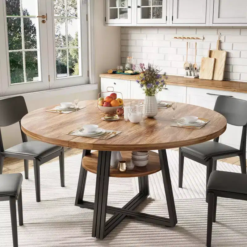 Round Dining Table for 4-6,42Farmhouse Kitchen Table with Storage,Circle Dinner Tables for Kitchen, Dining Room, Living Room, Meeting Room, Apartment