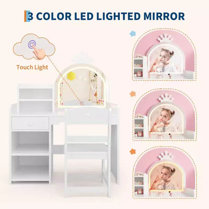 Kids Vanity with Lights, 2 in 1 Princess Makeup Vanity Desk Toddler Vanity Table & Chair Set with Open Bookshelf, Storage Cabinet & Shelves for Girls