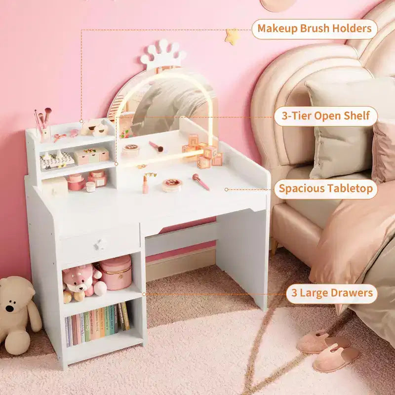 Kids Vanity with Lights, 2 in 1 Princess Makeup Vanity Desk Toddler Vanity Table & Chair Set with Open Bookshelf, Storage Cabinet & Shelves for Girls