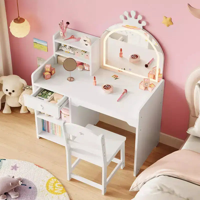 Kids Vanity with Lights, 2 in 1 Princess Makeup Vanity Desk Toddler Vanity Table & Chair Set with Open Bookshelf, Storage Cabinet & Shelves for Girls
