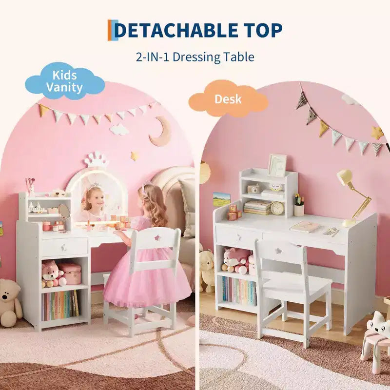 Kids Vanity with Lights, 2 in 1 Princess Makeup Vanity Desk Toddler Vanity Table & Chair Set with Open Bookshelf, Storage Cabinet & Shelves for Girls