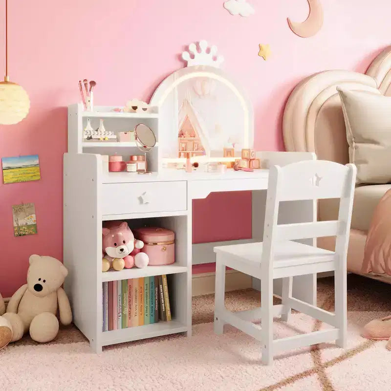 Kids Vanity with Lights, 2 in 1 Princess Makeup Vanity Desk Toddler Vanity Table & Chair Set with Open Bookshelf, Storage Cabinet & Shelves for Girls