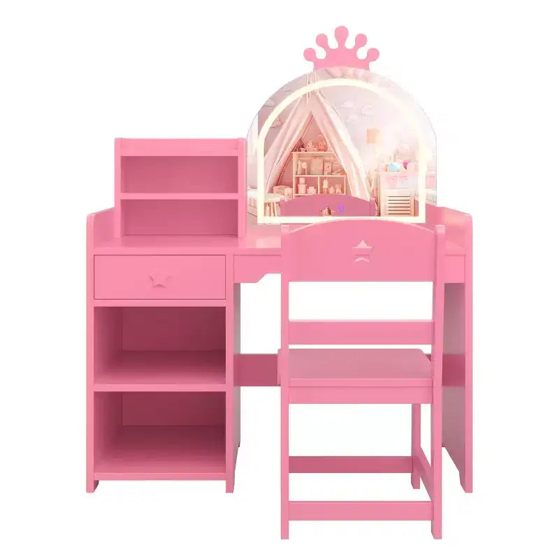 Kids Vanity with Lights, 2 in 1 Princess Makeup Vanity Desk Toddler Vanity Table & Chair Set with Open Bookshelf, Storage Cabinet & Shelves for Girls