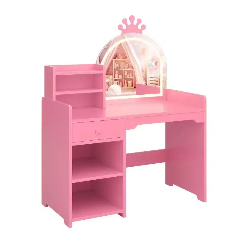 Kids Vanity with Lights, 2 in 1 Princess Makeup Vanity Desk Toddler Vanity Table & Chair Set with Open Bookshelf, Storage Cabinet & Shelves for Girls