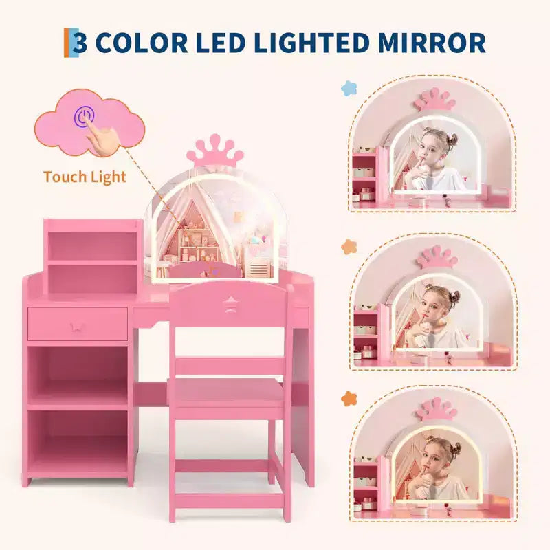 Kids Vanity with Lights, 2 in 1 Princess Makeup Vanity Desk Toddler Vanity Table & Chair Set with Open Bookshelf, Storage Cabinet & Shelves for Girls