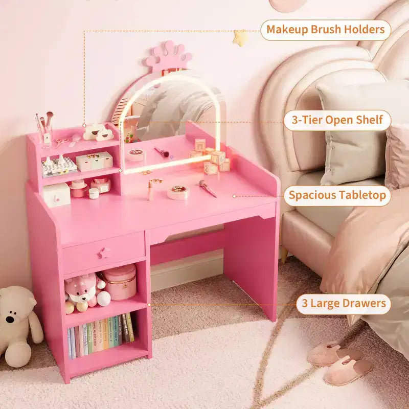 Kids Vanity with Lights, 2 in 1 Princess Makeup Vanity Desk Toddler Vanity Table & Chair Set with Open Bookshelf, Storage Cabinet & Shelves for Girls
