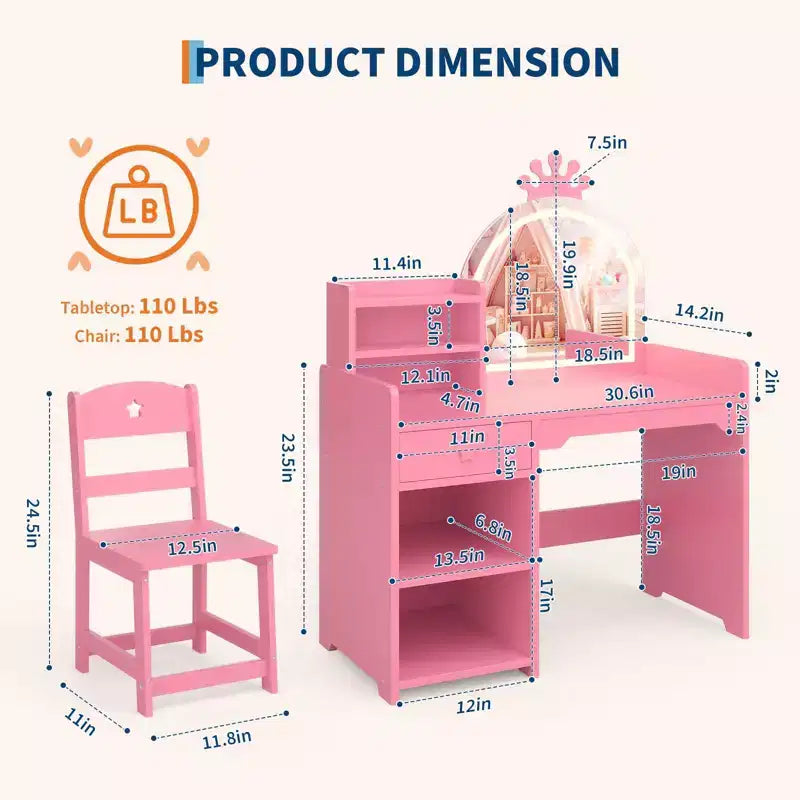 Kids Vanity with Lights, 2 in 1 Princess Makeup Vanity Desk Toddler Vanity Table & Chair Set with Open Bookshelf, Storage Cabinet & Shelves for Girls