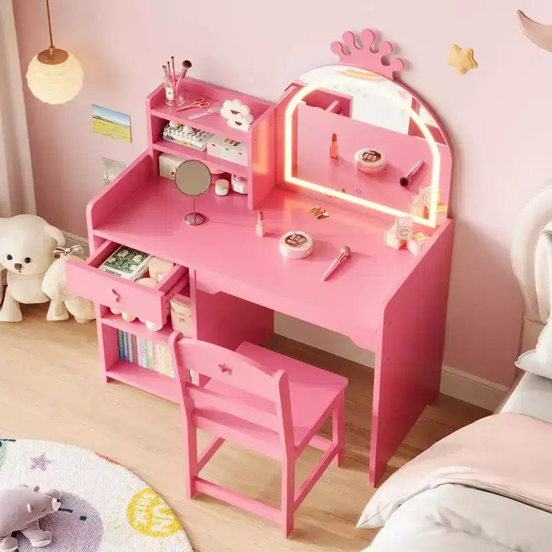 Kids Vanity with Lights, 2 in 1 Princess Makeup Vanity Desk Toddler Vanity Table & Chair Set with Open Bookshelf, Storage Cabinet & Shelves for Girls