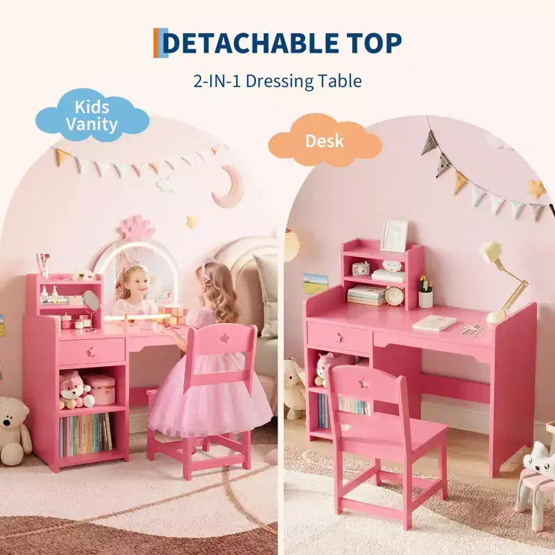 Kids Vanity with Lights, 2 in 1 Princess Makeup Vanity Desk Toddler Vanity Table & Chair Set with Open Bookshelf, Storage Cabinet & Shelves for Girls
