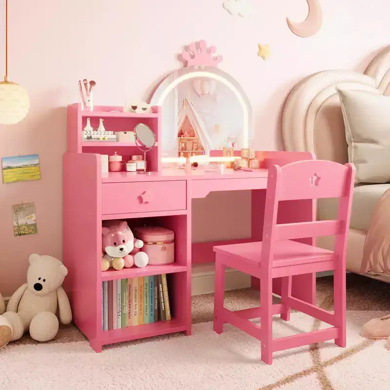 Kids Vanity with Lights, 2 in 1 Princess Makeup Vanity Desk Toddler Vanity Table & Chair Set with Open Bookshelf, Storage Cabinet & Shelves for Girls