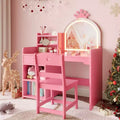Kids Vanity with Lights, 2 in 1 Princess Makeup Vanity Desk Toddler Vanity Table & Chair Set with Open Bookshelf, Storage Cabinet & Shelves for Girls
