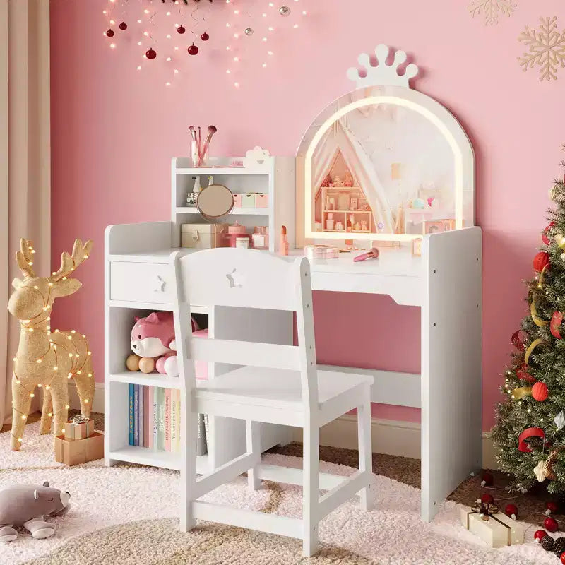 Kids Vanity with Lights, 2 in 1 Princess Makeup Vanity Desk Toddler Vanity Table & Chair Set with Open Bookshelf, Storage Cabinet & Shelves for Girls