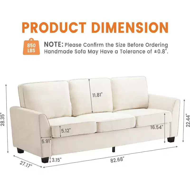 83 Modern 3-Seater Sofa, Deep Seat Chenille Couch with Washable Detachable Covers, Oversized Cloud Sofa for Living Room, Beige