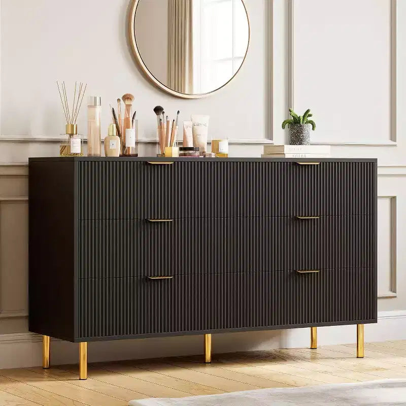 Modern 6-Drawer Dresser - Gold Handles & Large Storage for Bedroom & Living Room