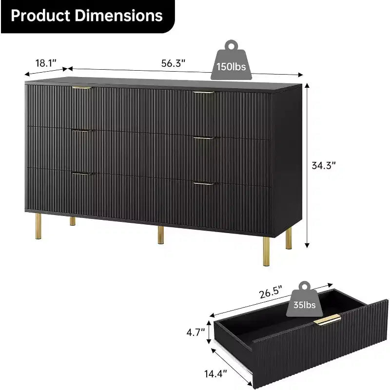 Modern 6-Drawer Dresser - Gold Handles & Large Storage for Bedroom & Living Room