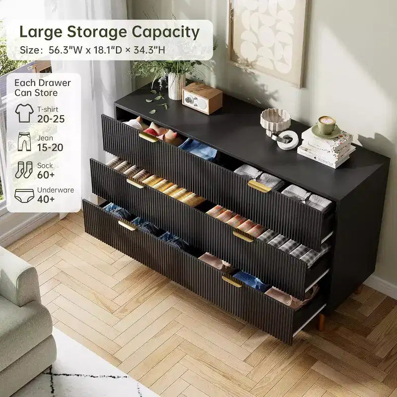 Modern 6-Drawer Dresser - Gold Handles & Large Storage for Bedroom & Living Room