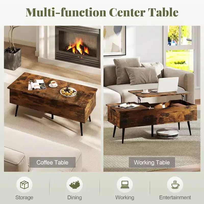 Table basse relevable avec rangement – Table d'appoint multifonctionnelle pour salon, marron rustique