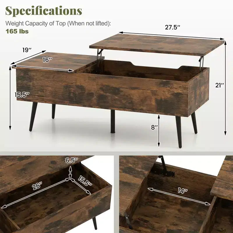 Table basse relevable avec rangement – Table d'appoint multifonctionnelle pour salon, marron rustique