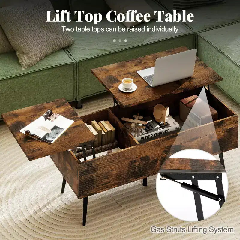 Table basse relevable avec rangement – Table d'appoint multifonctionnelle pour salon, marron rustique