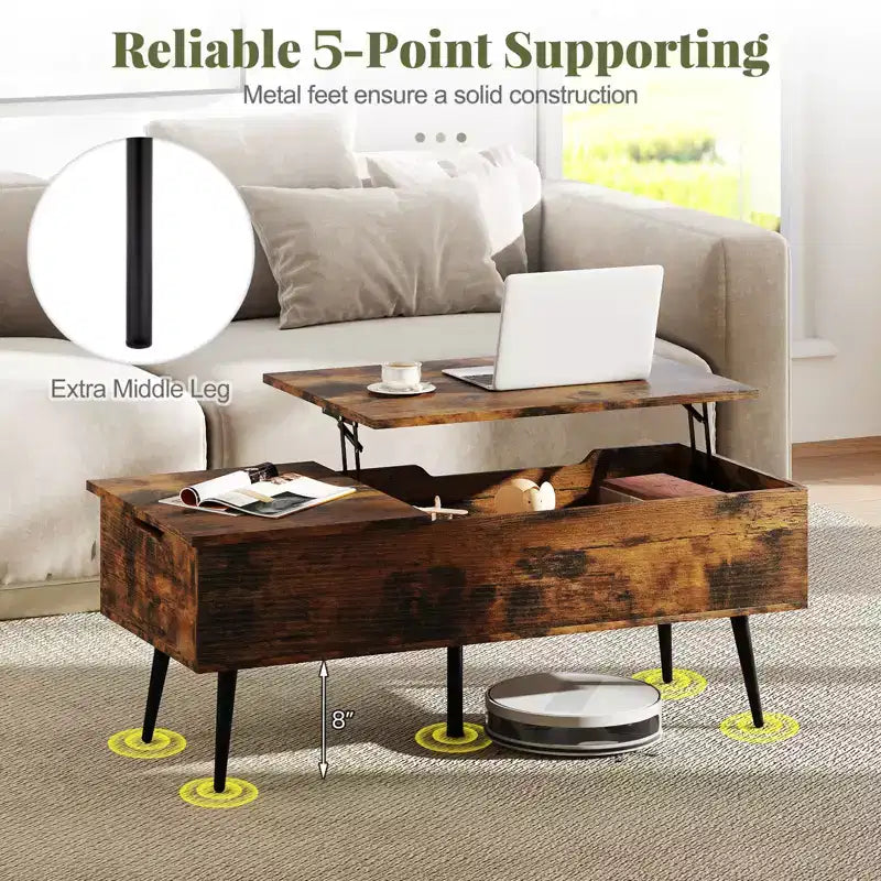 Table basse relevable avec rangement – Table d'appoint multifonctionnelle pour salon, marron rustique