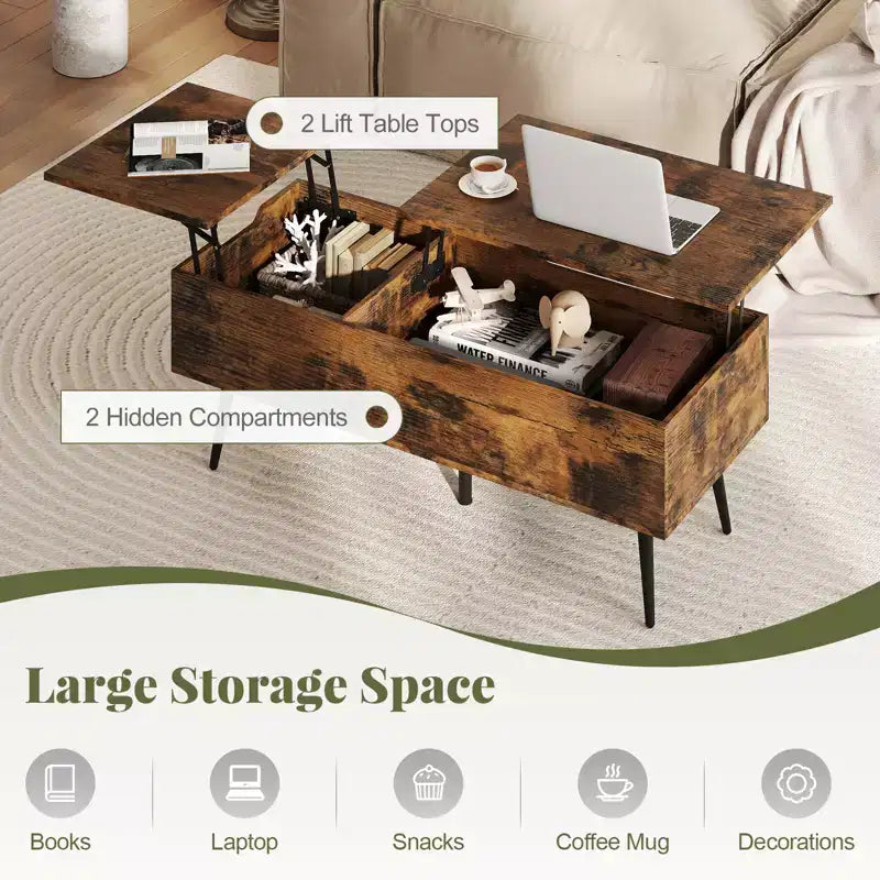 Table basse relevable avec rangement – Table d'appoint multifonctionnelle pour salon, marron rustique