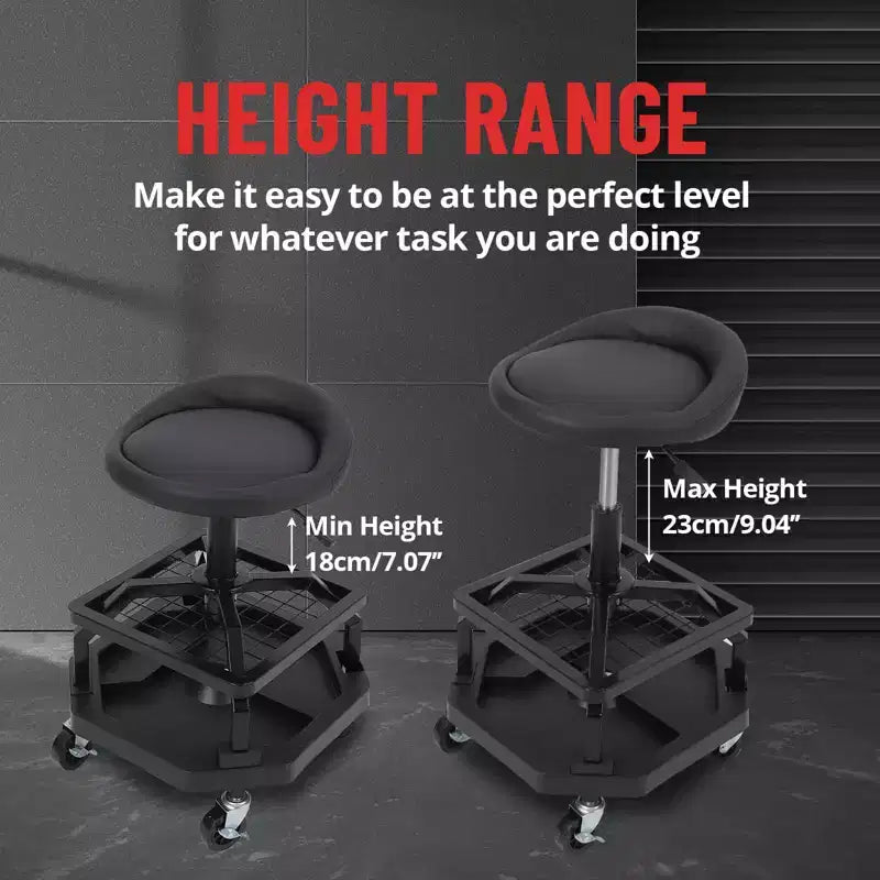 Tabouret de garage roulant, capacité de 150 kg, tabouret de mécanicien rembourré, hauteur réglable, double plateau de rangement pour outils, pour garage, atelier, réparation automobile