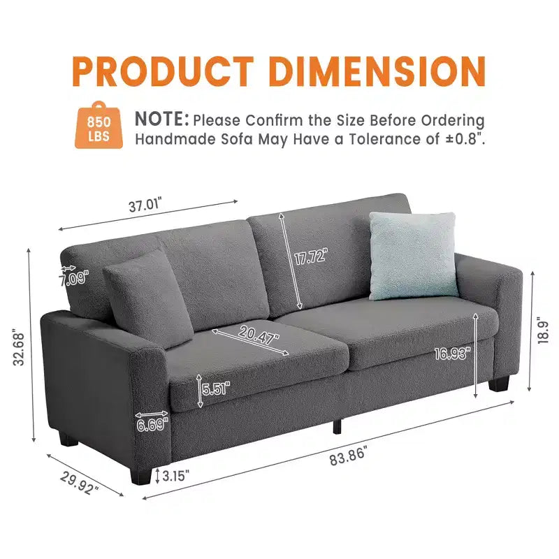 83'' Modern Sofa Deep Seat Couch with Wide Armrests, Washable Cover & Plush Cloud Comfortgrey