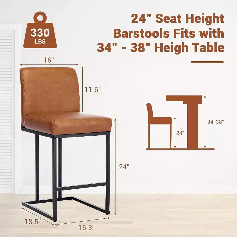 Counter Height Bar Stools with Back, Set of 1 Upholstered Leather Barstool, 24 Inch Seat Height for Kitchen Island, Breakfast Nook, or Cafe