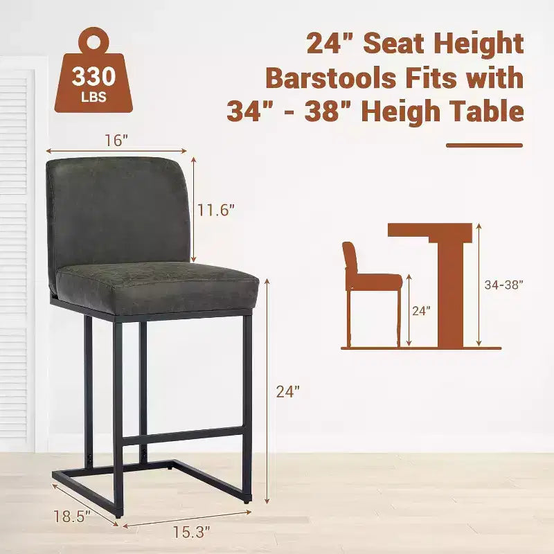 Counter Height Bar Stools with Back, Set of 1 Upholstered Leather Barstool, 24 Inch Seat Height for Kitchen Island, Breakfast Nook, or Cafe