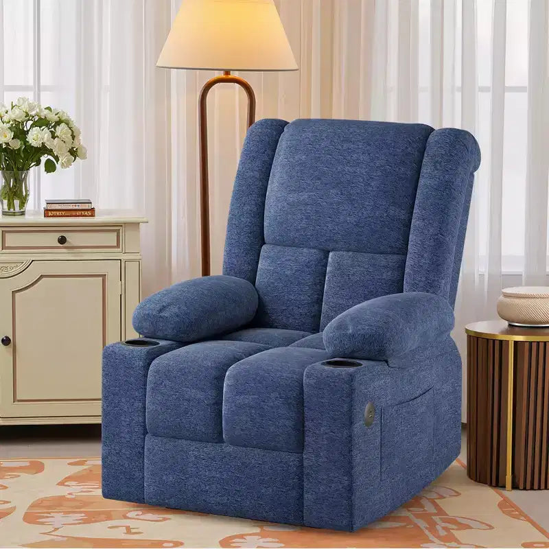 Blue Power Lift Recliner Chair With Massage Heat USB Ports Cup Holders for Senior Comfort