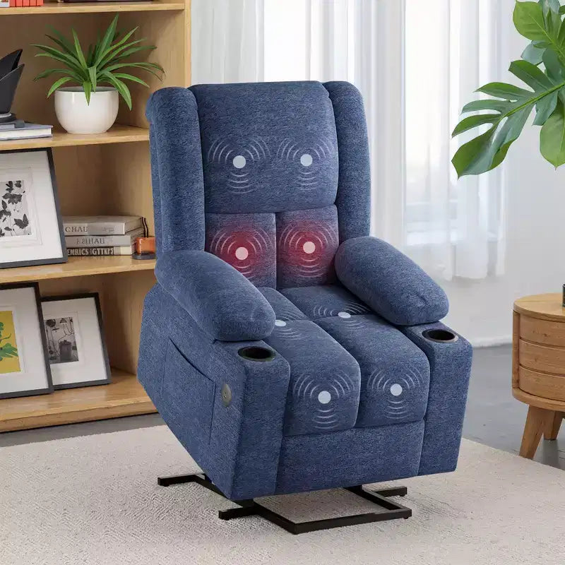 Blue Power Lift Recliner Chair With Massage Heat USB Ports Cup Holders for Senior Comfort