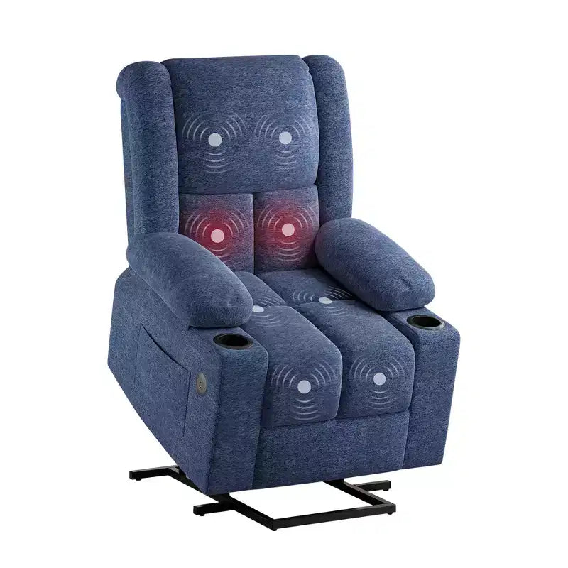Blue Power Lift Recliner Chair With Massage Heat USB Ports Cup Holders for Senior Comfort