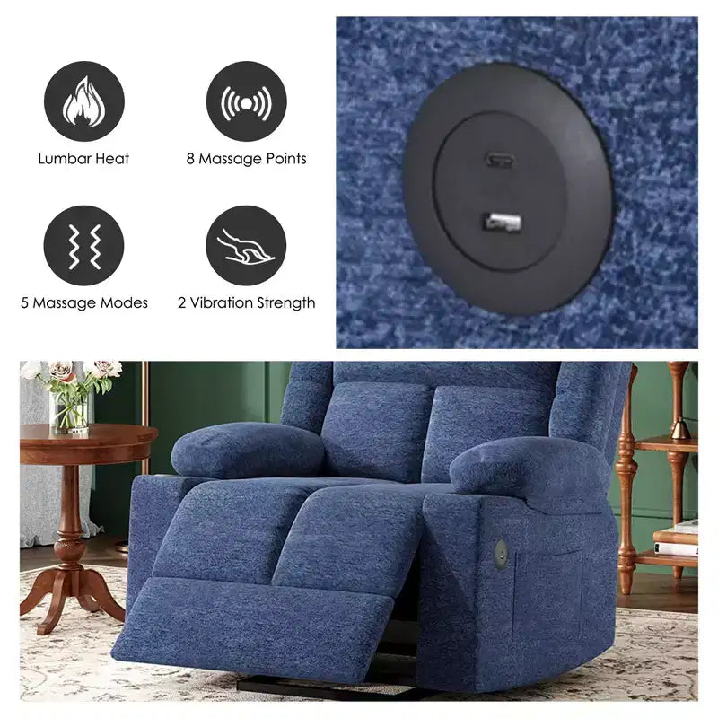 Blue Power Lift Recliner Chair With Massage Heat USB Ports Cup Holders for Senior Comfort