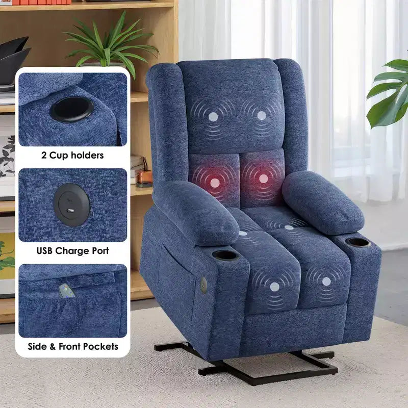 Blue Power Lift Recliner Chair With Massage Heat USB Ports Cup Holders for Senior Comfort