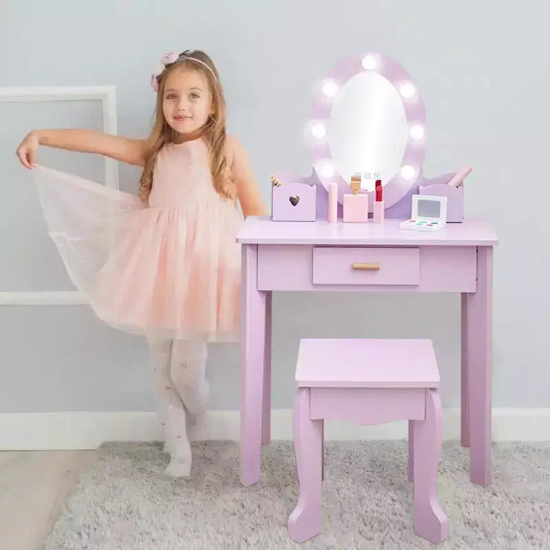 TROPOW Kids Vanity with Lighted Mirror, Toddler Vanity Table and Chair Set, Girls Makeup Playset, Purple