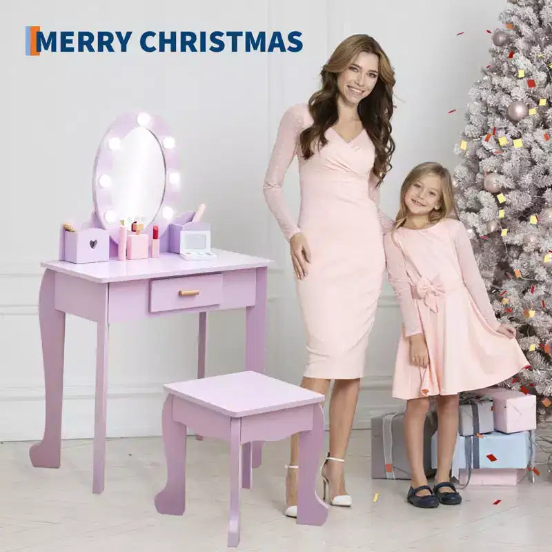 Kids Vanity with Lighted Mirror, Toddler Vanity Table and Chair Set, Girls Makeup Playset, Purple