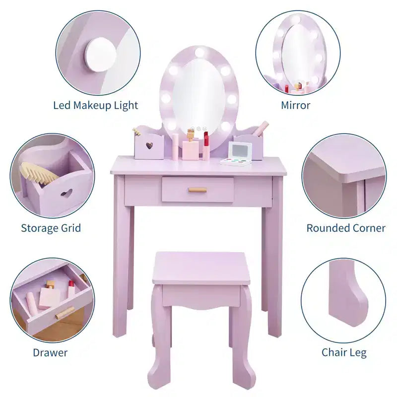 Kids Vanity with Lighted Mirror, Toddler Vanity Table and Chair Set, Girls Makeup Playset, Purple