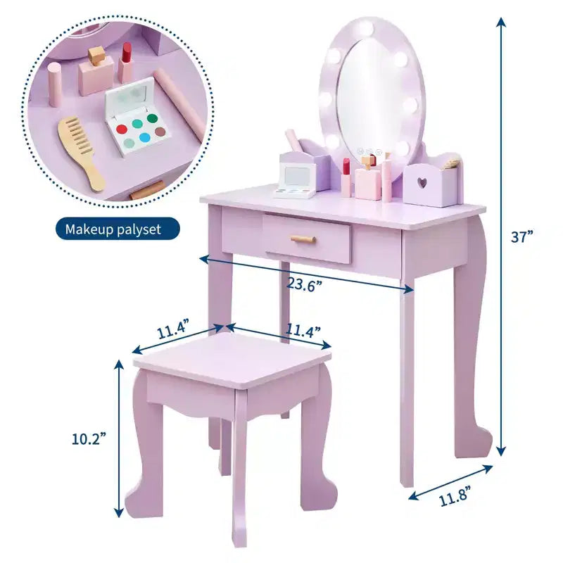 Kids Vanity with Lighted Mirror, Toddler Vanity Table and Chair Set, Girls Makeup Playset, Purple